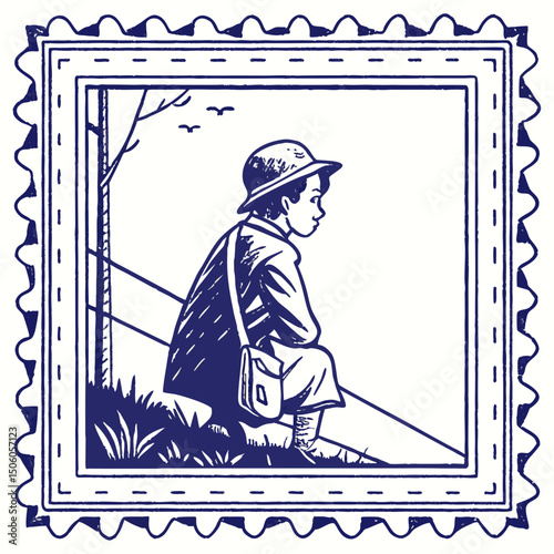 Young Boy Sitting by Fence in Vintage Postage Stamp Design