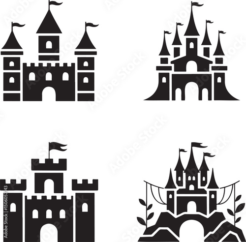 Fantasy Magic Castle silhouette set vector  isolated On Transparent Background