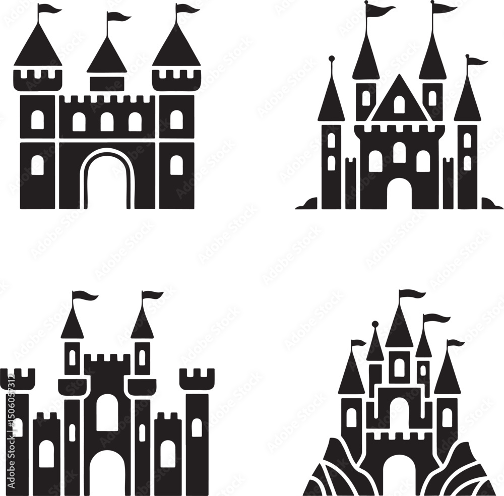 Fototapeta premium Fantasy Magic Castle silhouette set vector isolated On Transparent Background