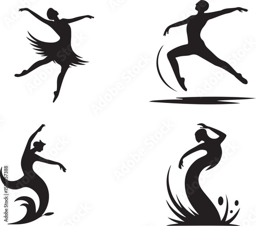 Silhouette Vector Illustrations of Ballet Dancers in Various Poses on Black Backdrop