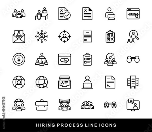 Hiring Process Line Icons. Recruitment, Job Application, Interview, Candidate Selection Vector Set	
