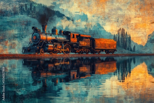 A vintage steam train travels along tracks, reflected in water, against a painted backdrop of mountains and sky.
