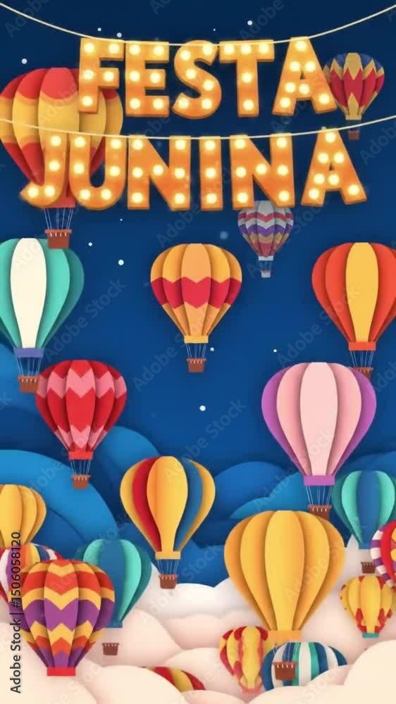 Poster com Animação Vertical Festiva: Balões Subindo no Céu Estrelado com Faixa 'Festa Junina' 