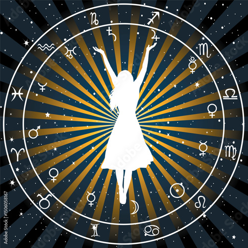 Astrologic zodiac horoscope background with silhouette of woman. Astrology concept.eps