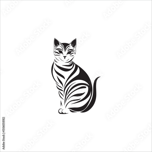 striped cat, cute face, sitting like a statue