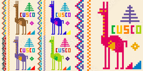 Colorful peruvian background with llama and Cusco in embroidery style.eps