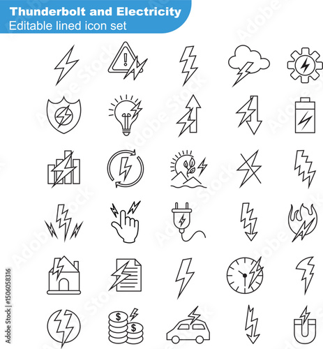 Thunderbolt and Electricity Icon Set – Lightning, Power, Energy, Battery, Plug, Charging, Electric Vehicle, Safety, Renewable Energy, Shock, Electric Bill, Voltage, Fire, Magnet Symbols