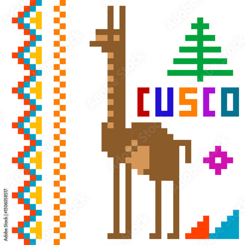 Peruvian design with llama and Cusco in embroidery style