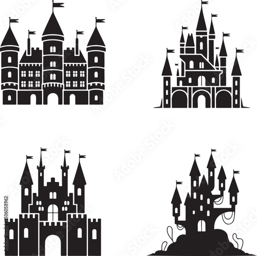 Fantasy Magic Castle silhouette set vector  isolated On Transparent Background