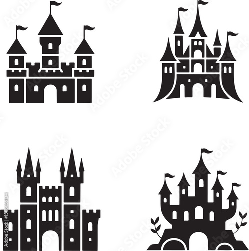 Fantasy Magic Castle silhouette set vector  isolated On Transparent Background
