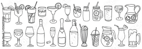 Drinks set. Cocktails, Wine, Beer and Whiskey. Lemonade, Milkshake, Water, Soda,Ice tea and Smoothie. Hand drawn Vector illustration in Doodle style. Beverages for restaurant menus and graphic design