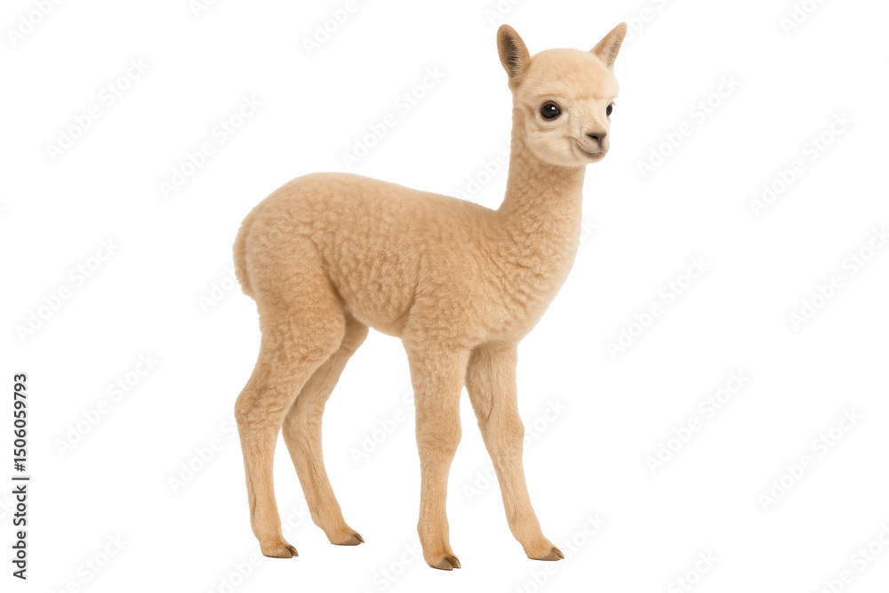 Fototapeta premium Cute baby alpaca standing in profile view isolated on transparent background