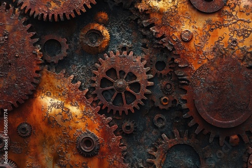 A chaotic arrangement of heavily rusted gears and metal parts, creating an industrial, textural, and abstract composition.