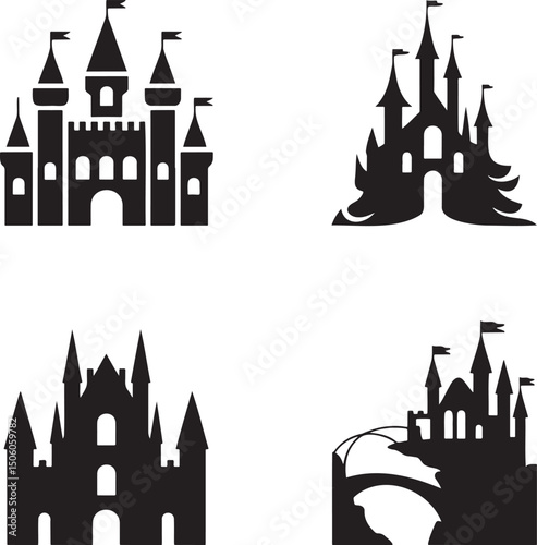 Fantasy Magic Castle silhouette set vector  isolated On Transparent Background