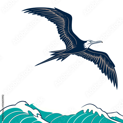 Dynamic vector artwork of a flying Frigate Bird soaring over powerful ocean waves, capturing the essence of freedom and marine wildlife in full-body detail.