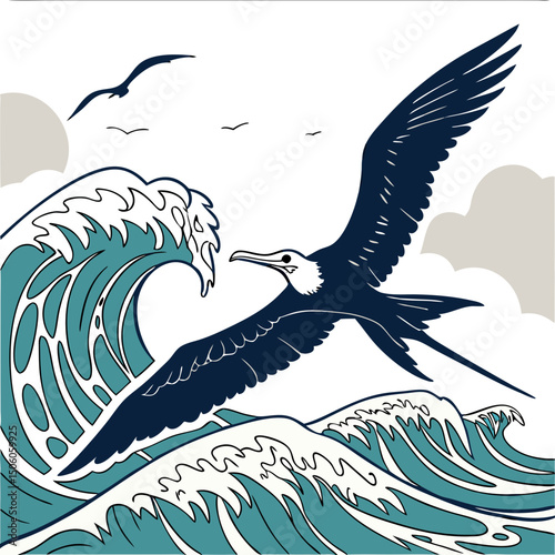 Dynamic vector artwork of a flying Frigate Bird soaring over powerful ocean waves, capturing the essence of freedom and marine wildlife in full-body detail.