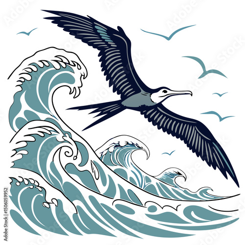 Dynamic vector artwork of a flying Frigate Bird soaring over powerful ocean waves, capturing the essence of freedom and marine wildlife in full-body detail.
