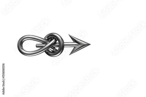 A metal arrow tied in an infinity knot. Space for text.