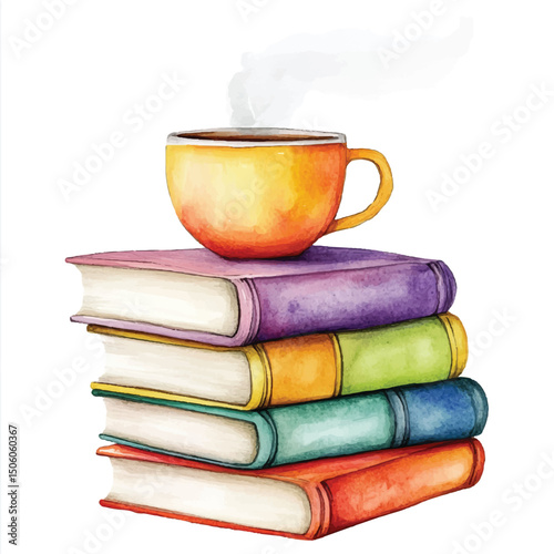 Cute cartoon watercolor A stack of books with a coffe