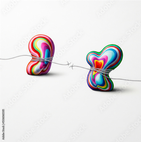 Two rainbow objects are tightened with barbed wire.