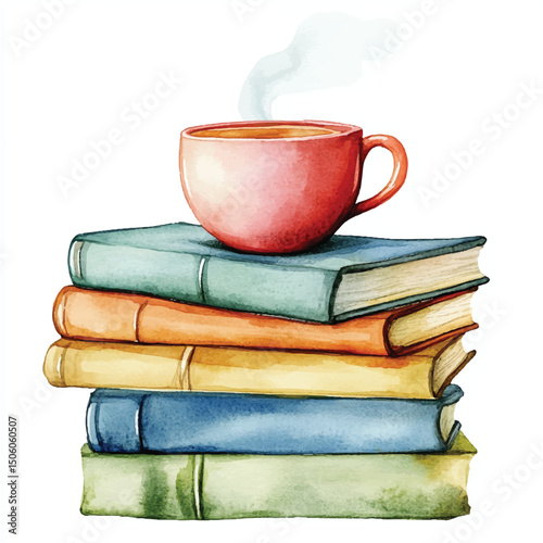 Cute cartoon watercolor A stack of books with a coffe