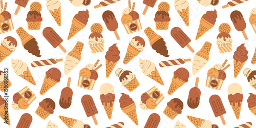 Summer colored seamless pattern soft vanilla, chocolate ice cream, gelato in waffle cone, scoop in paper cup on white background. Wallpaper Ice Cream Day. Hand drawn Flat Vector illustration EPS10