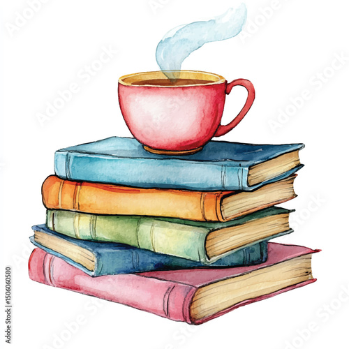 Cute cartoon watercolor A stack of books with a coffe