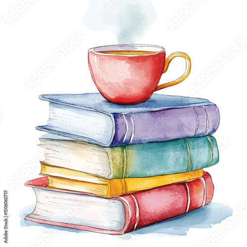 Cute cartoon watercolor A stack of books with a coffe