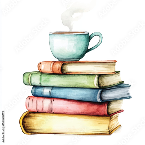 Cute cartoon watercolor A stack of books with a coffe