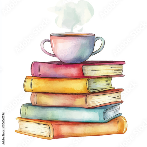 Cute cartoon watercolor A stack of books with a coffe