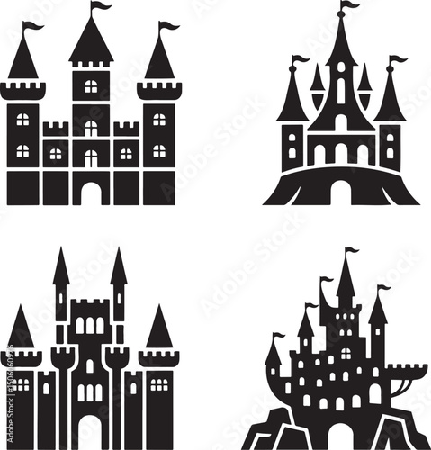 Fantasy Magic Castle silhouette set vector  isolated On Transparent Background
