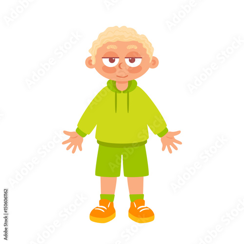 curly-haired blonde boy dressed in green attire, sporting a gentle, serene smile. His joyful expression exudes warmth and peace, capturing the innocence and happiness of youth.