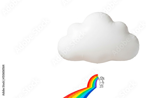 A cloud with a rainbow and a girl painting with paints. Space for text.