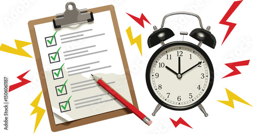 Ringing alarm clock with lightnings and clip note with checkboxes. Modern photo collage style. Illustration on transparent background