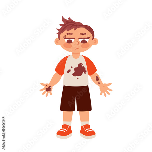 A dejected boy in dirty clothes, his downcast eyes reflecting sadness and disappointment. The illustration captures the raw emotions of childhood struggles, evoking empathy and concern