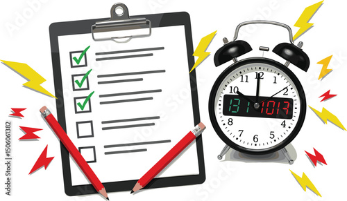Ringing alarm clock with lightnings and clip note with checkboxes. Modern photo collage style. Illustration on transparent background