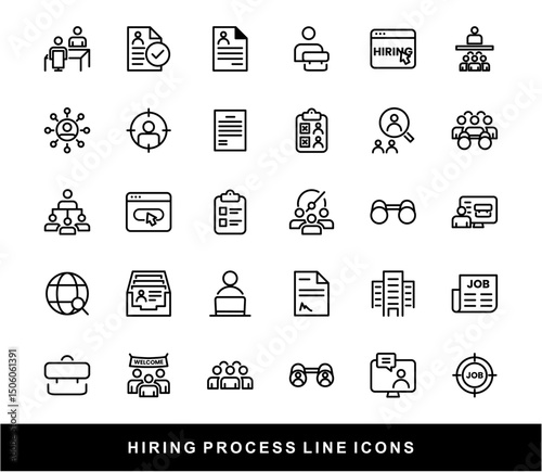 Hiring Process Line Icons. Recruitment, Job Application, Interview, Candidate Selection Vector Set	
