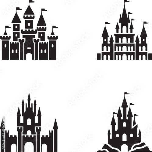 Fantasy Magic Castle silhouette set vector  isolated On Transparent Background