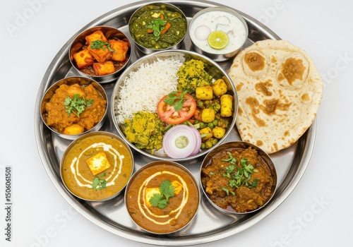 A stainless steel thali filled with various indian dishes and accompaniments on a white background