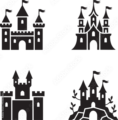 Fantasy Magic Castle silhouette set vector  isolated On Transparent Background