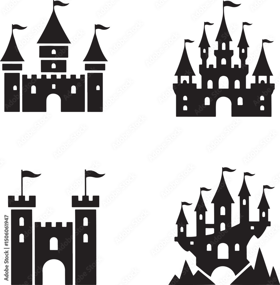 Fototapeta premium Fantasy Magic Castle silhouette set vector isolated On Transparent Background