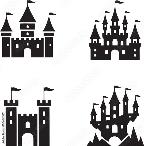 Fantasy Magic Castle silhouette set vector  isolated On Transparent Background