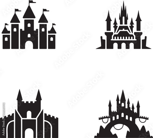 Fantasy Magic Castle silhouette set vector  isolated On Transparent Background