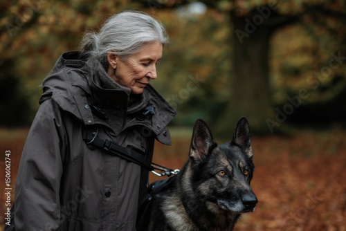 Jane goodall walking dog in autumn leaves conservationist animal rights photo