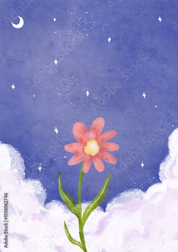 Watercolor Painting of Moon, Stars and Clouds