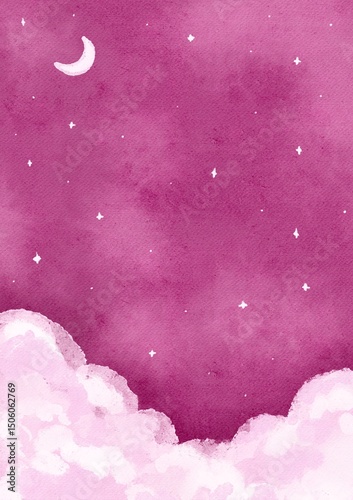 Watercolor Painting of Moon, Stars and Clouds