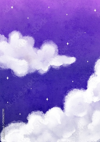 Watercolor Painting of Moon, Stars and Clouds