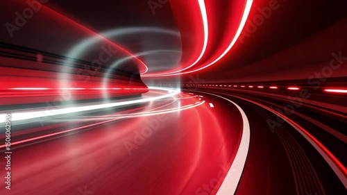 Futuristic Tunnel of Dynamic Red and White Lights Modern Showcase of Speed, Motion, Curves, and Reflections in Vibrant Energy