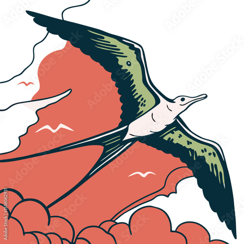 etailed vector illustration of a Flying Frigate Bird in full body, showcasing its majestic wingspan and aerodynamic shape—perfect for nature, wildlife, and bird-themed designs.