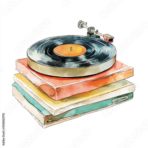 Cute cartoon watercolor A stack of vintage vinyl retro